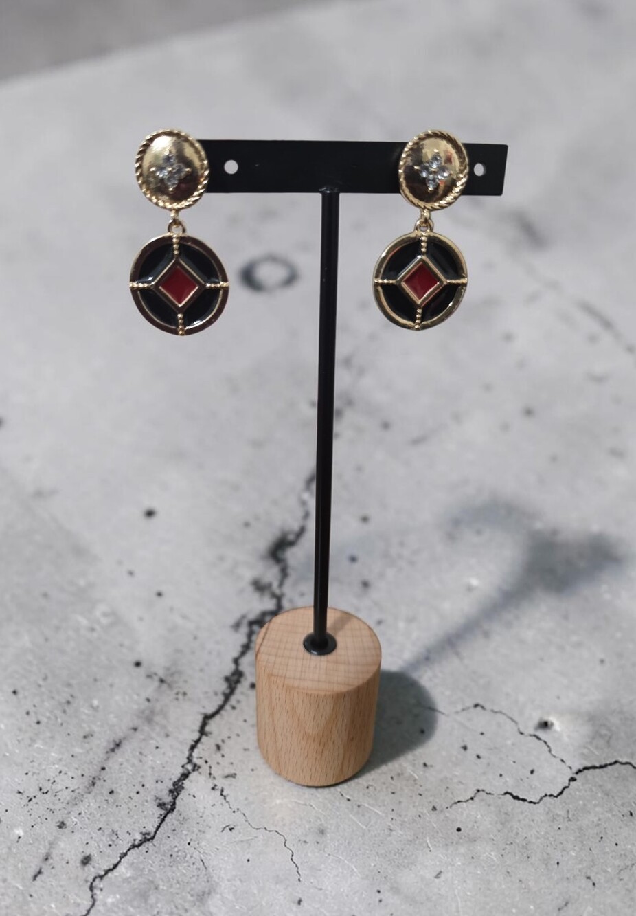 Gold-Tone Black and Red Drop Earrings